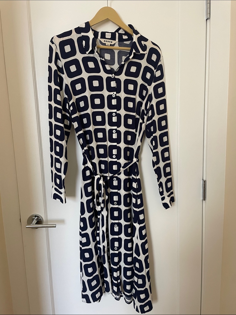 Boden Navy and White Geometric Long-Sleeve Shirt Dress
